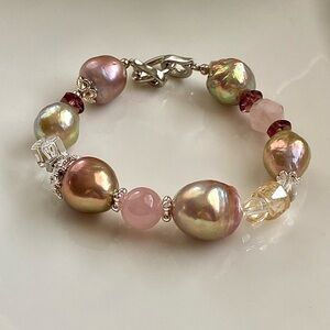B137- Metallic Avocado Green Edison Pearl Multigemstone Bracelet